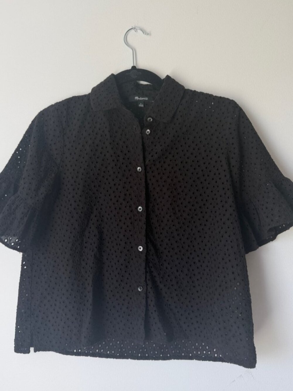 Black Eyelet Ruffle-Sleeve Button Down Shirt